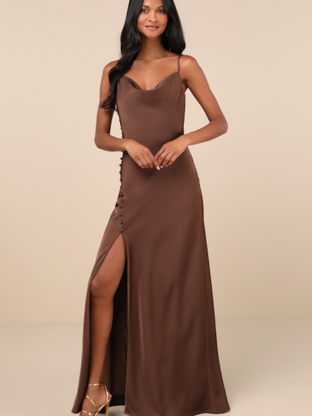 Lulu's Chocolate Brown Cowl Neck Maxi Dress